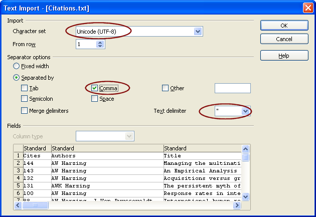 Excel import settings